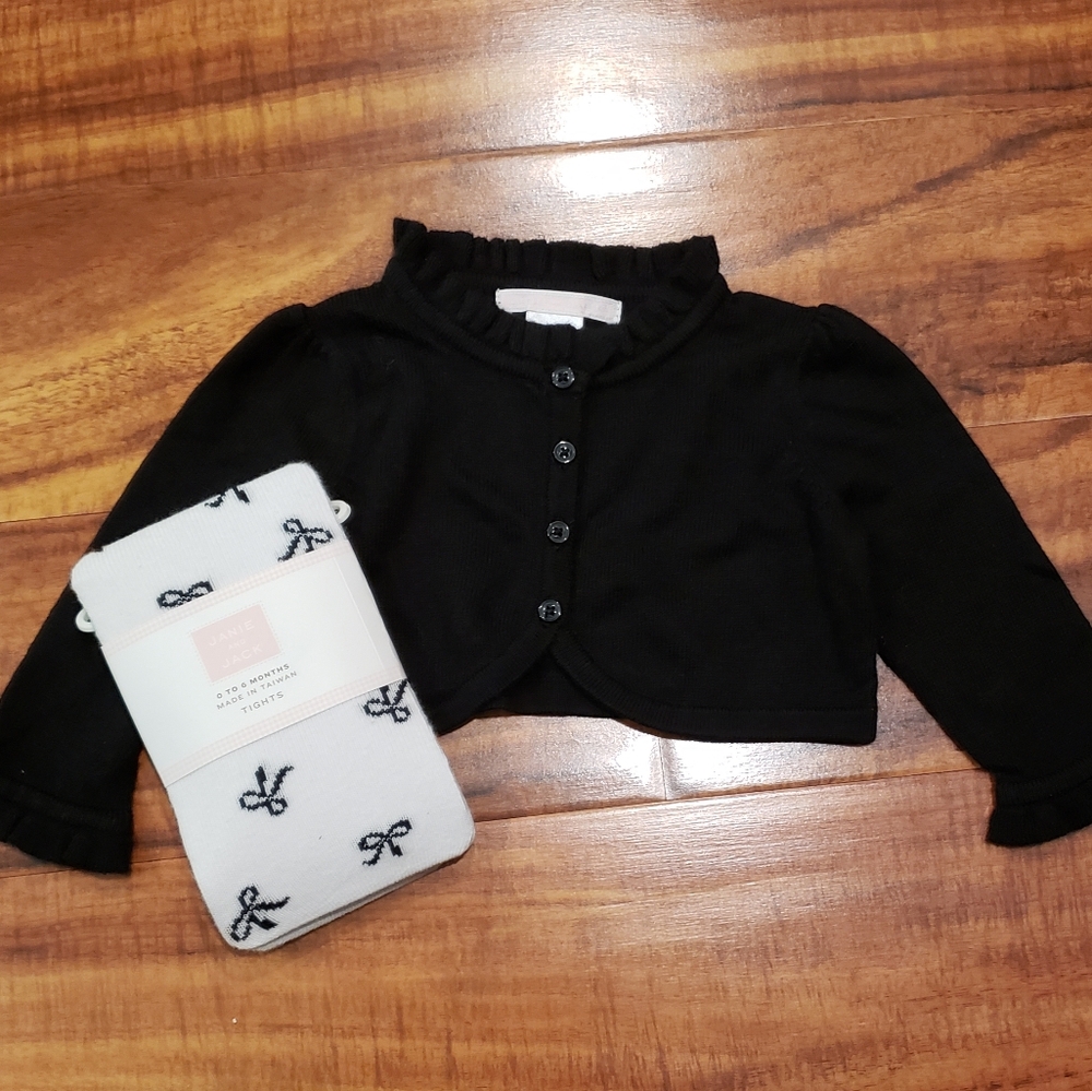 Janie and Jack NWT 3-6 months black crop sweater cardigan and bow tights 0-6 mos